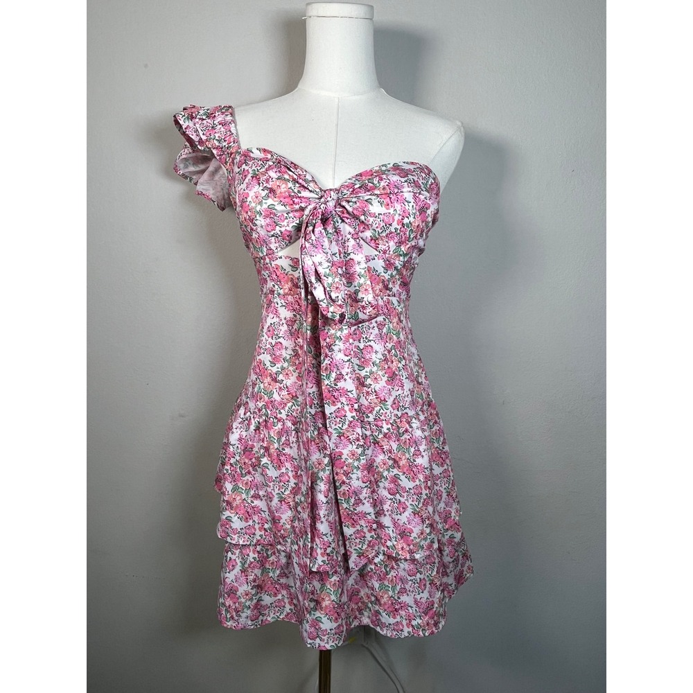 Cherley Pink Floral One Shoulder Cutout Mini Dress Bow Tiered Ruffle Small